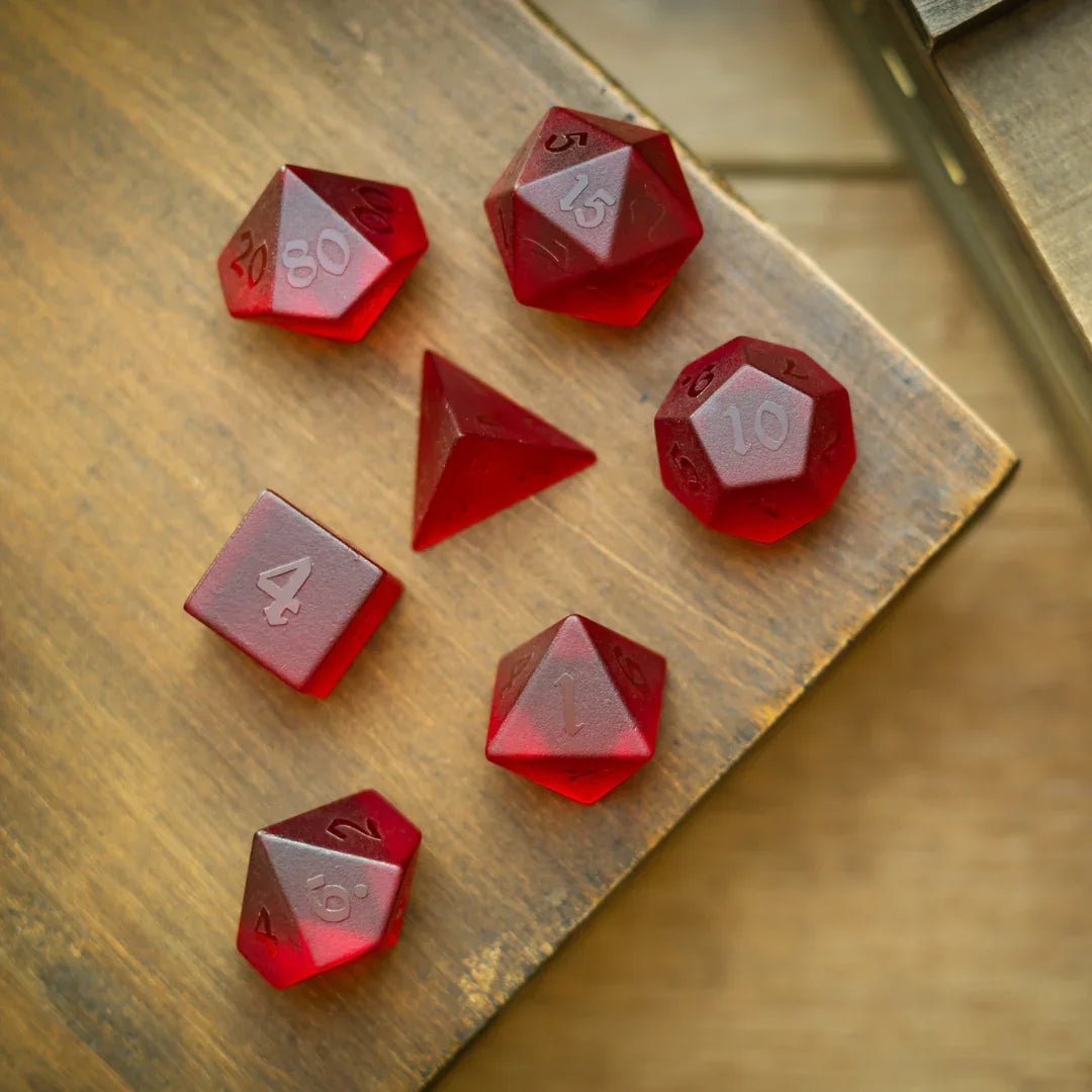 Blood Red Raised Zircon Glass Hand Carved DND Dice Set Runic Dice