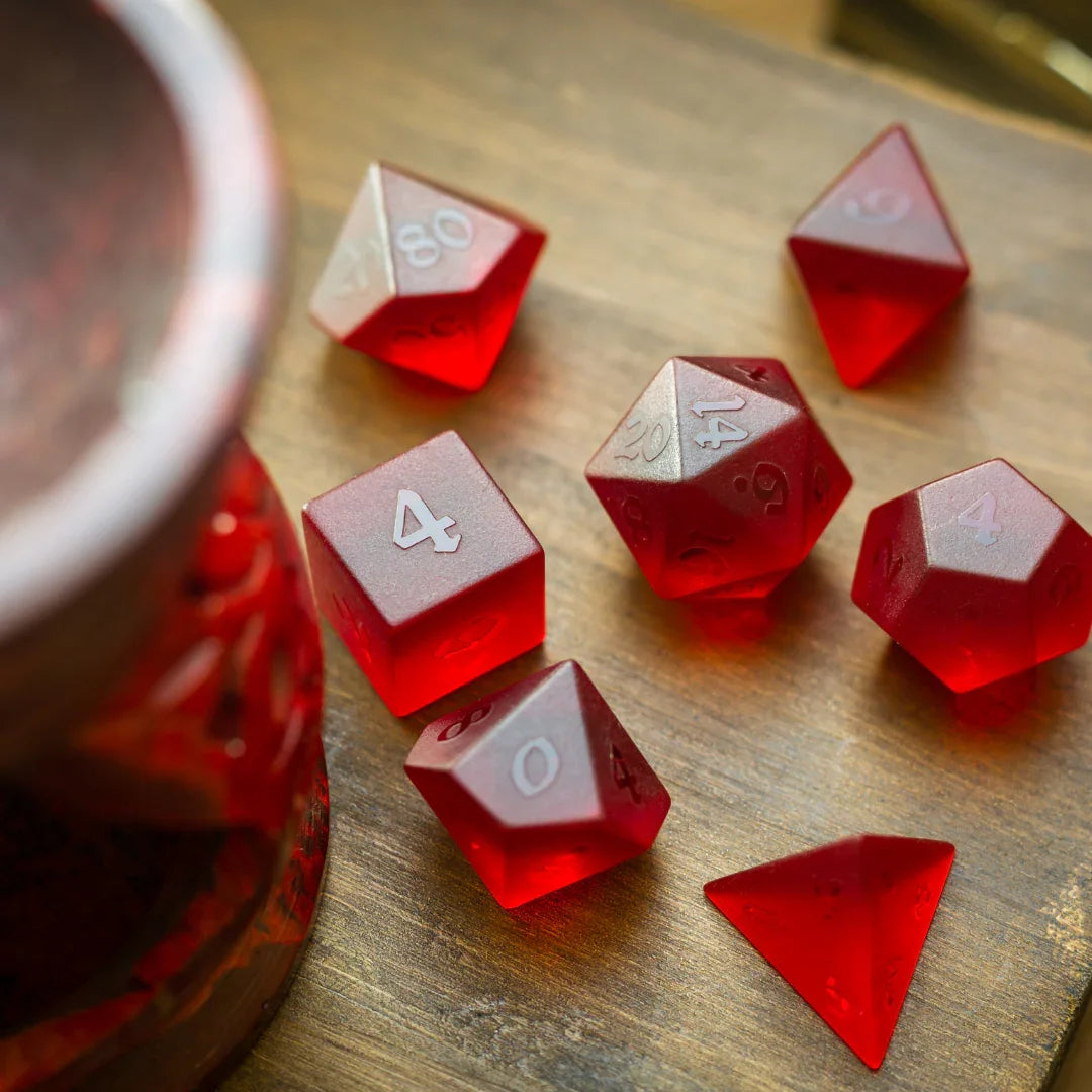 Blood Red Raised Zircon Glass Hand Carved DND Dice Set Runic Dice