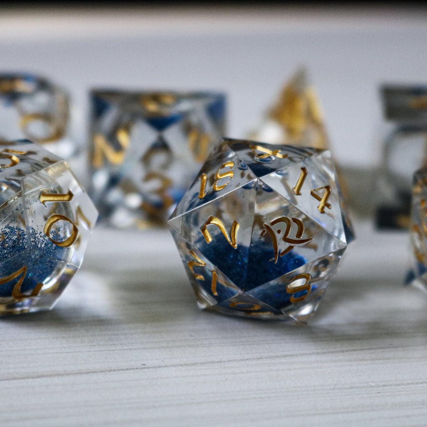 Blue Glitter Liquid Core Handmade Sharp Edge Resin DND Dice Set Runic Dice