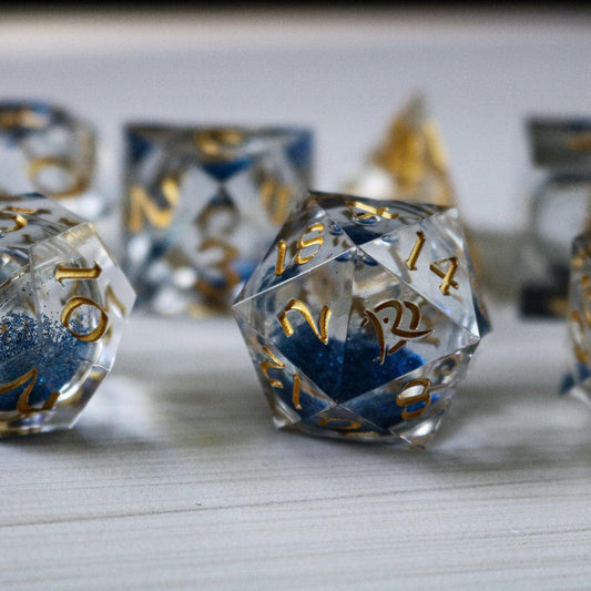 Blue Glitter Liquid Core Handmade Sharp Edge Resin DND Dice Set Runic Dice