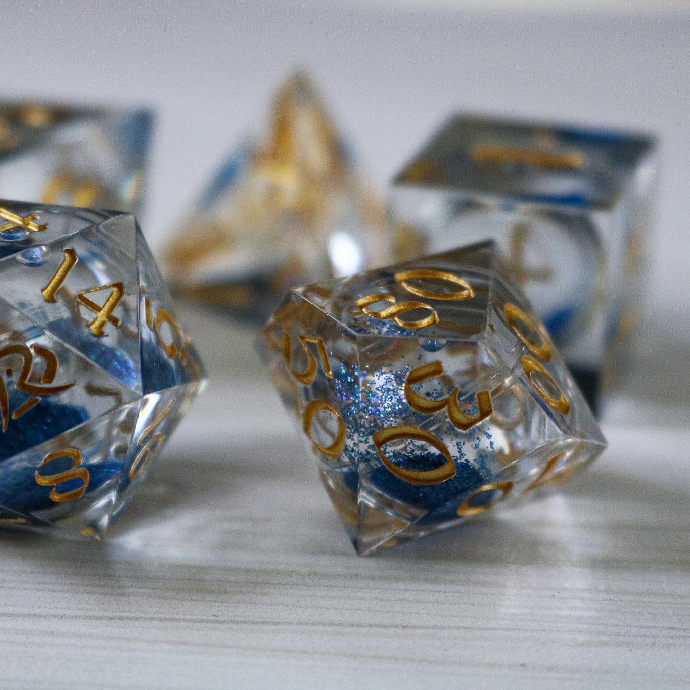 Blue Glitter Liquid Core Handmade Sharp Edge Resin DND Dice Set Runic Dice