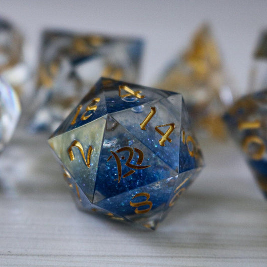 Blue Glitter Liquid Core Handmade Sharp Edge Resin DND Dice Set Runic Dice
