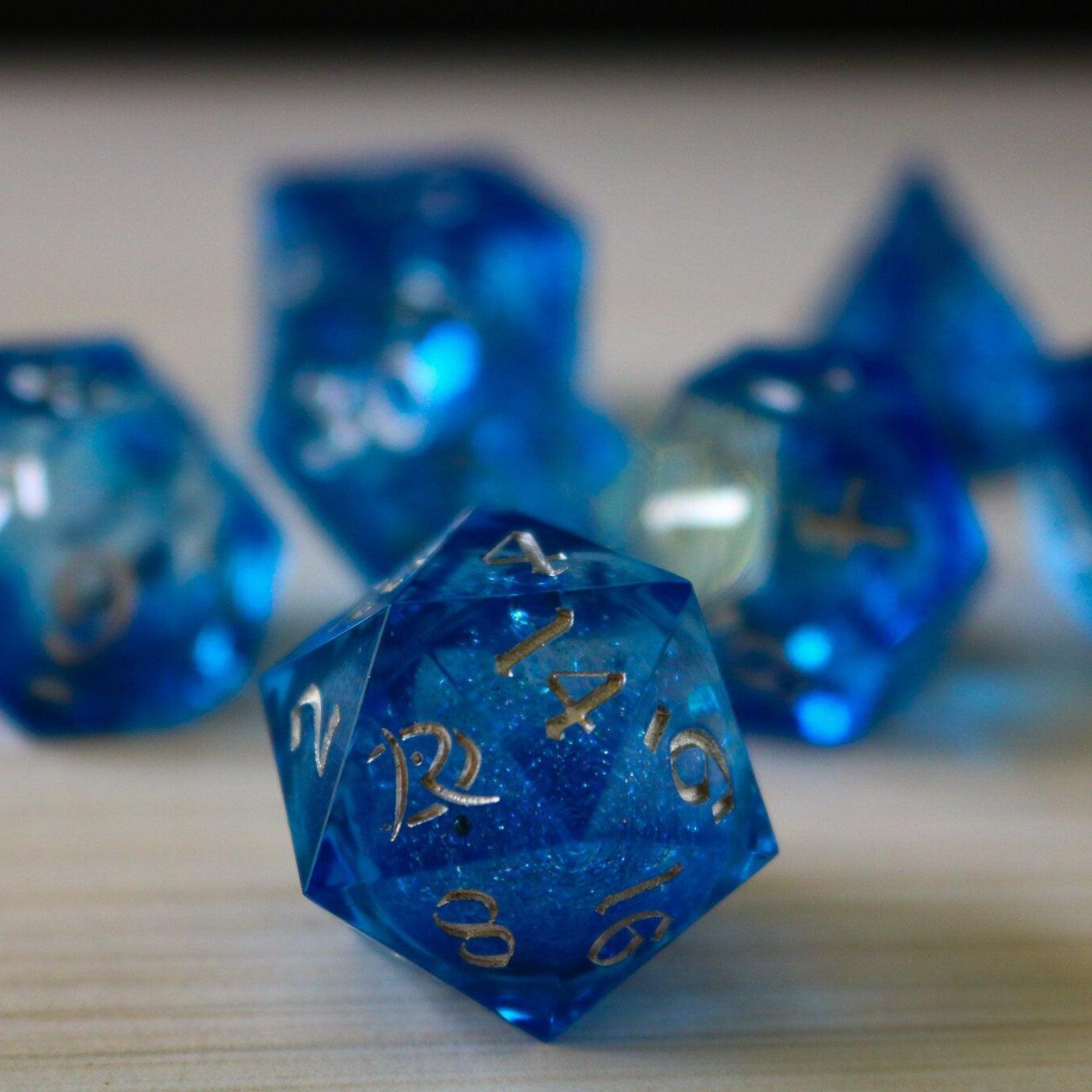 Blue Glitter Liquid Core Sharp Edge Handmade Resin DND Dice Set Runic Dice