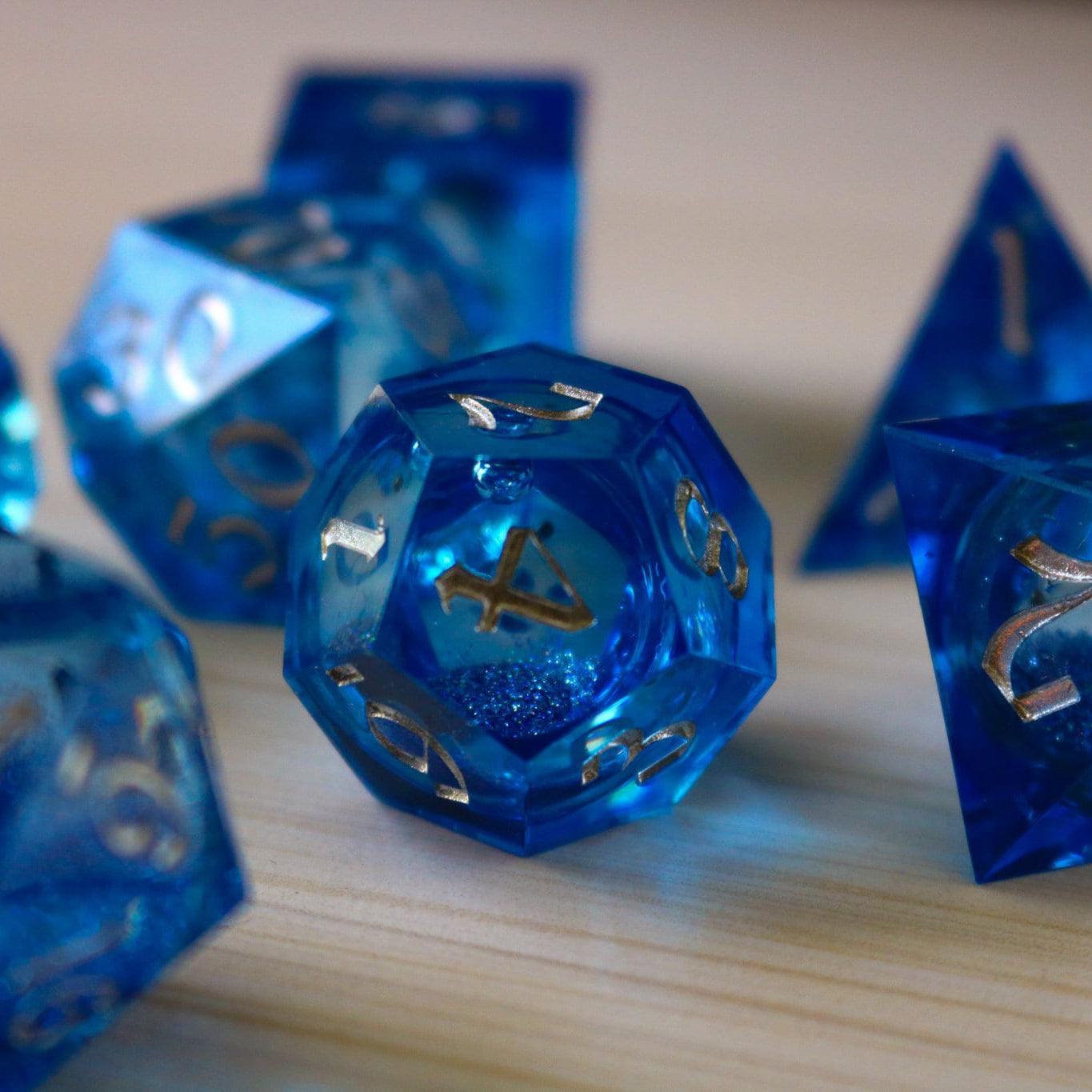 Blue Glitter Liquid Core Sharp Edge Handmade Resin DND Dice Set Runic Dice