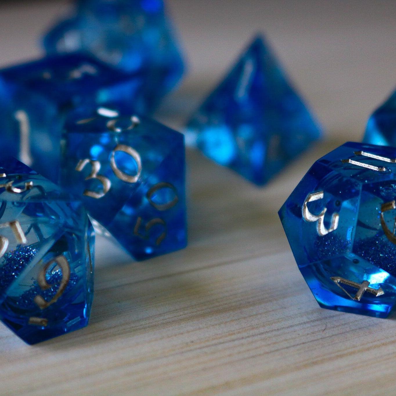 Blue Glitter Liquid Core Sharp Edge Handmade Resin DND Dice Set Runic Dice