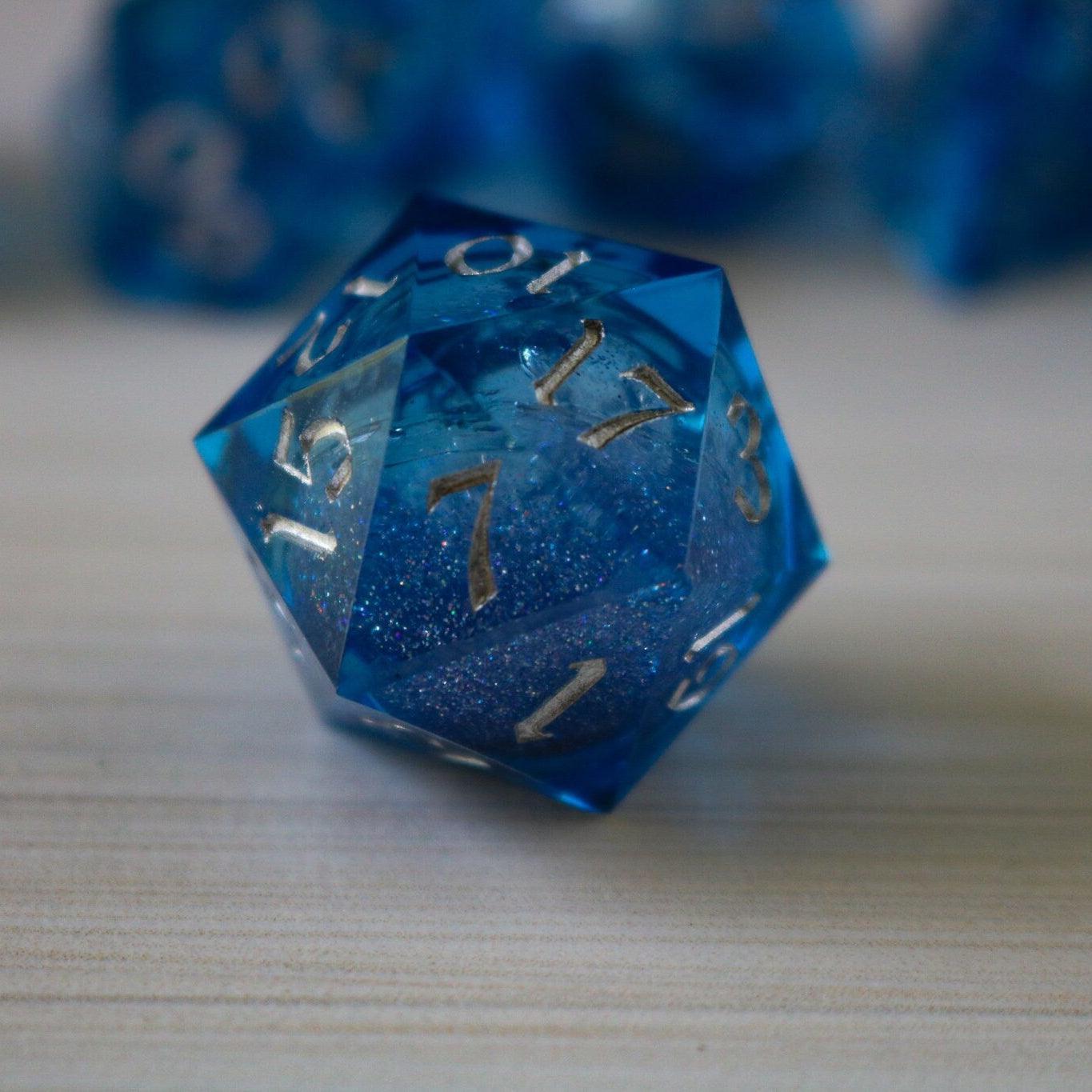 Blue Glitter Liquid Core Sharp Edge Handmade Resin DND Dice Set Runic Dice