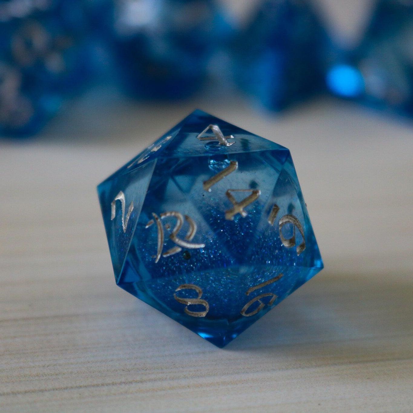 Blue Glitter Liquid Core Sharp Edge Handmade Resin DND Dice Set Runic Dice