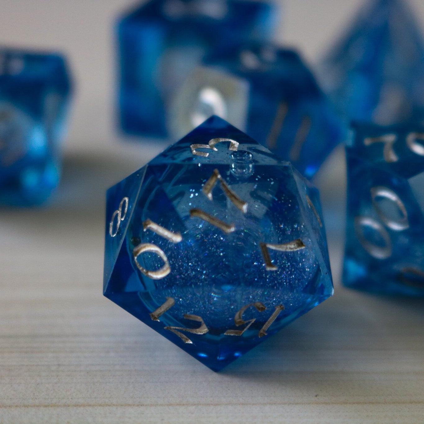 Blue Glitter Liquid Core Sharp Edge Handmade Resin DND Dice Set Runic Dice