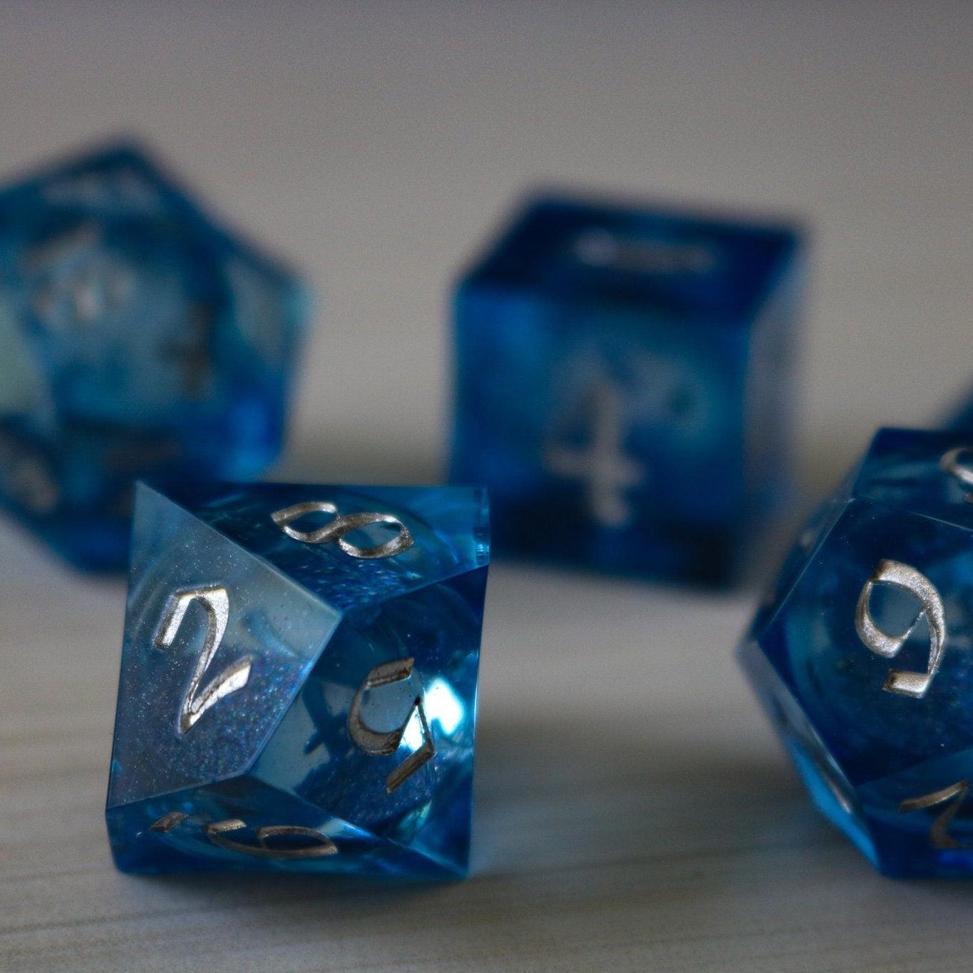 Blue Glitter Liquid Core Sharp Edge Handmade Resin DND Dice Set Runic Dice