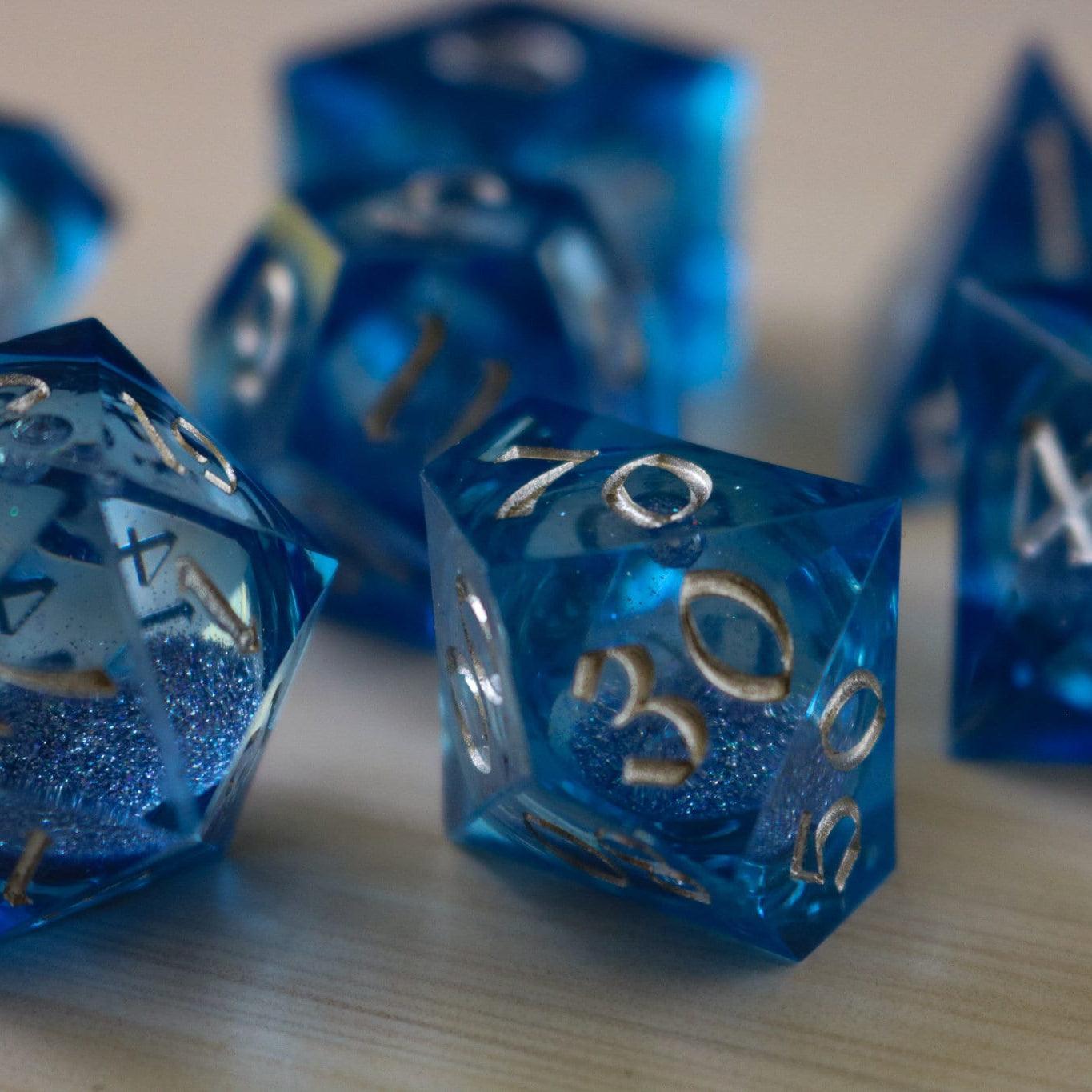 Blue Glitter Liquid Core Sharp Edge Handmade Resin DND Dice Set Runic Dice