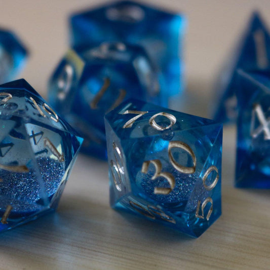Blue Glitter Liquid Core Sharp Edge Handmade Resin DND Dice Set Runic Dice