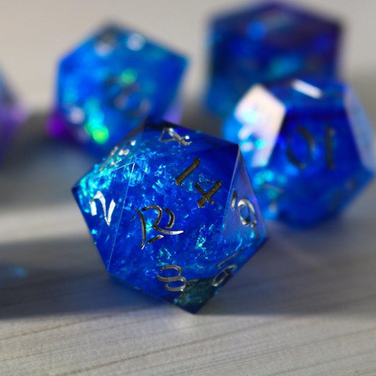 Blue Handmade Sharp Edge Resin DND Dice Set Runic Dice