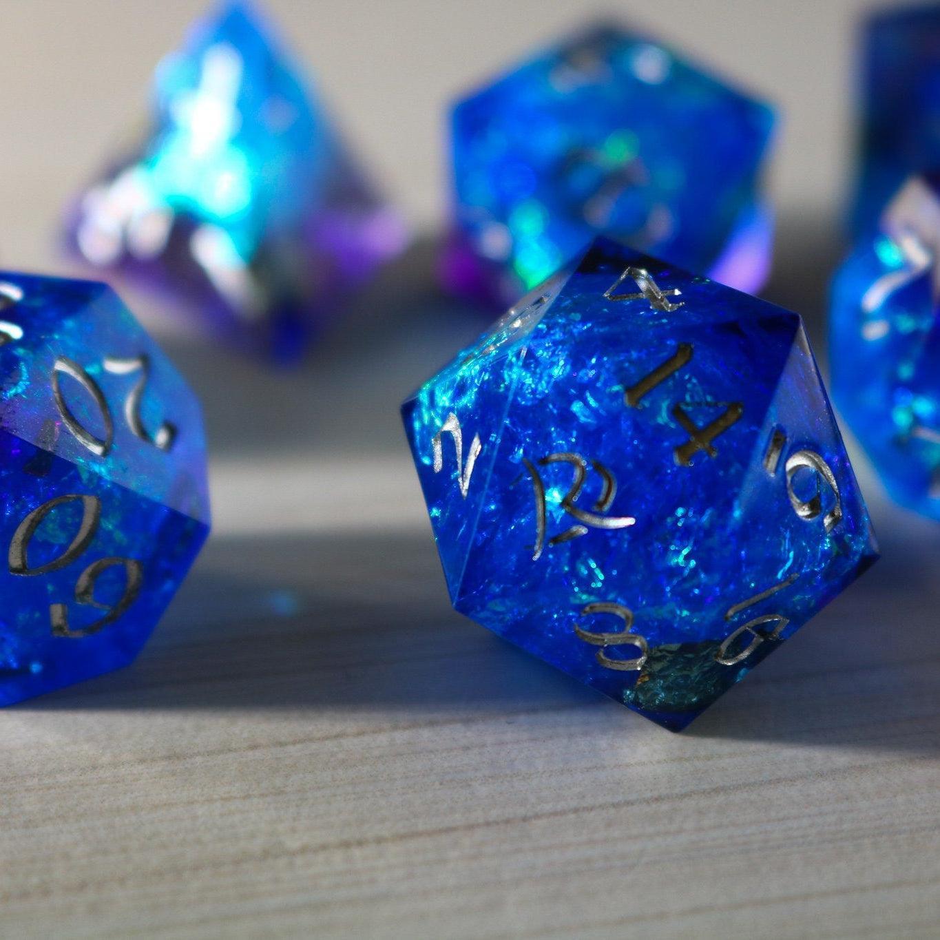 Blue Handmade Sharp Edge Resin DND Dice Set Runic Dice