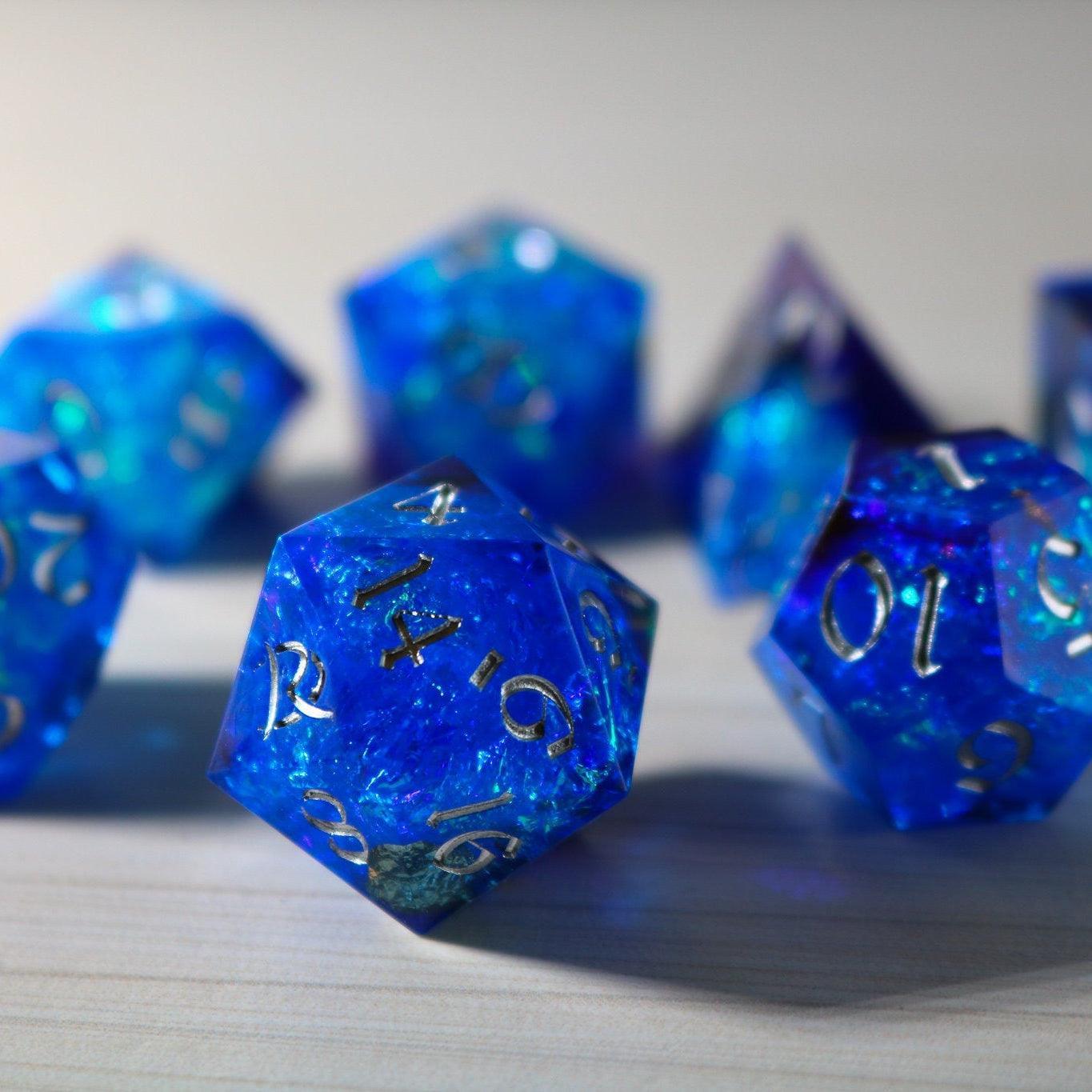 Blue Handmade Sharp Edge Resin DND Dice Set Runic Dice