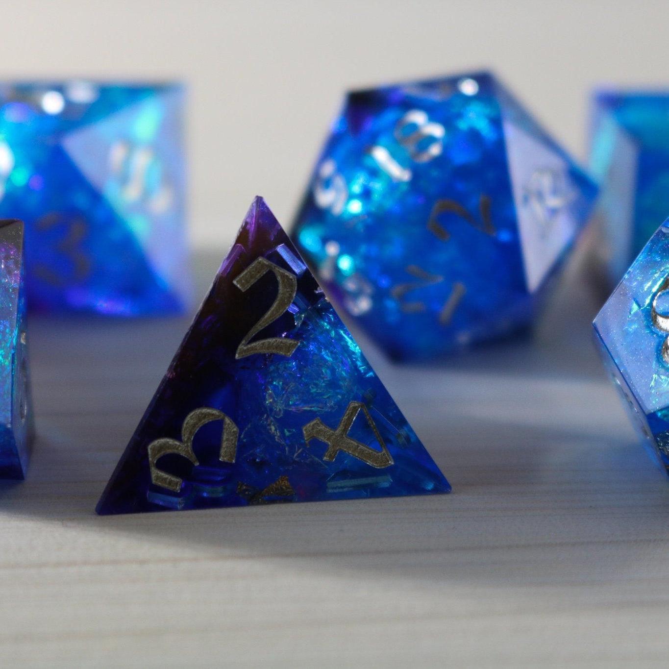Blue Handmade Sharp Edge Resin DND Dice Set Runic Dice