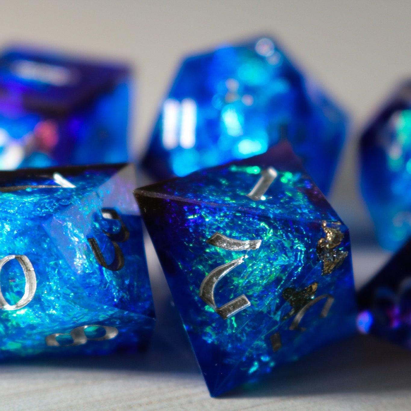 Blue Handmade Sharp Edge Resin DND Dice Set Runic Dice