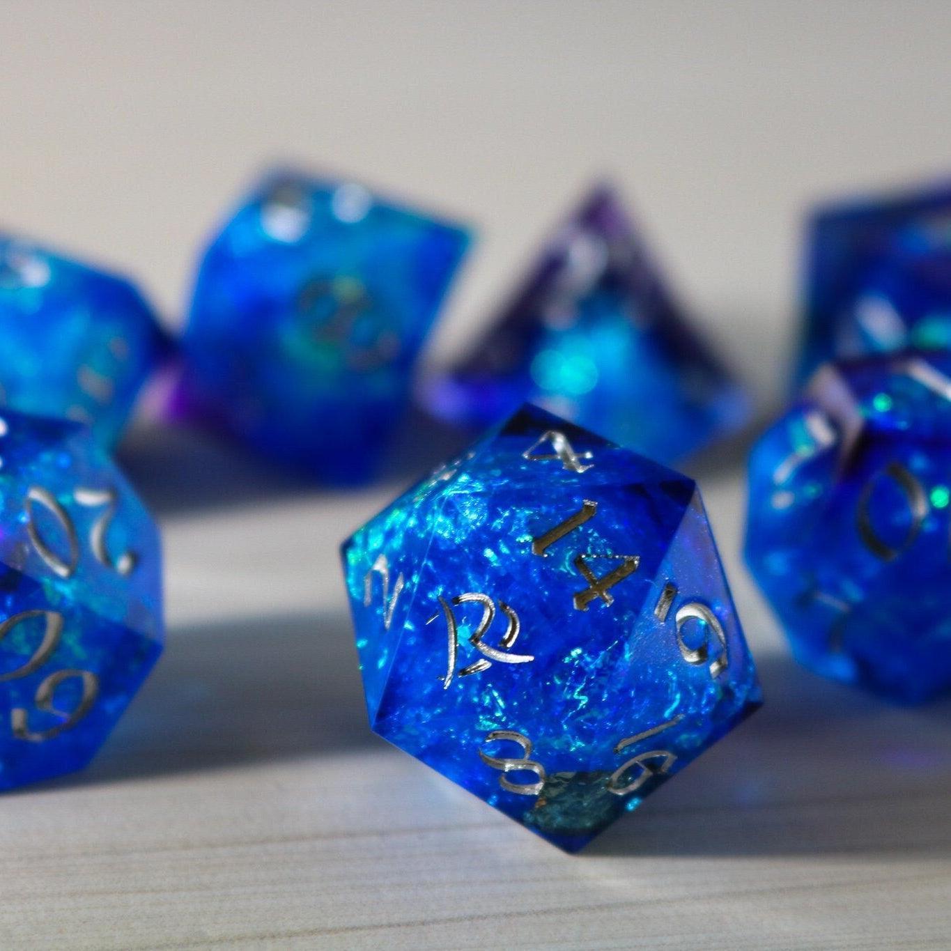 Blue Handmade Sharp Edge Resin DND Dice Set Runic Dice