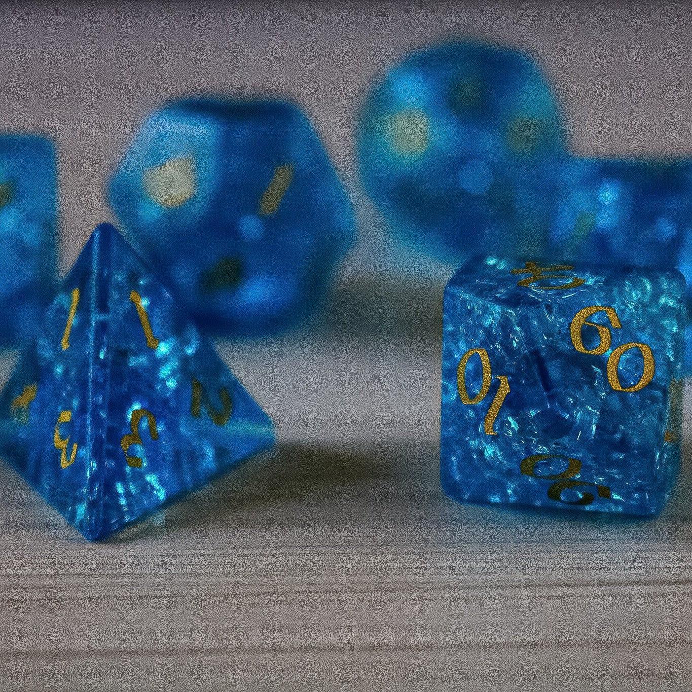 Blue Lightning Glass Cracked Glass DND Dice Set Runic Dice