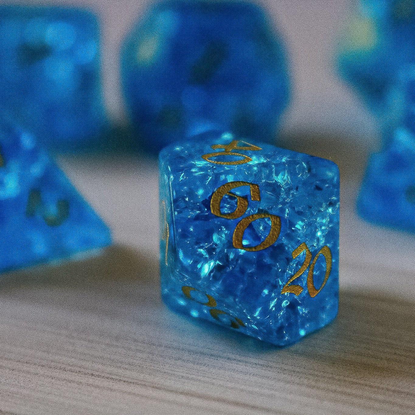 Blue Lightning Glass Cracked Glass DND Dice Set Runic Dice
