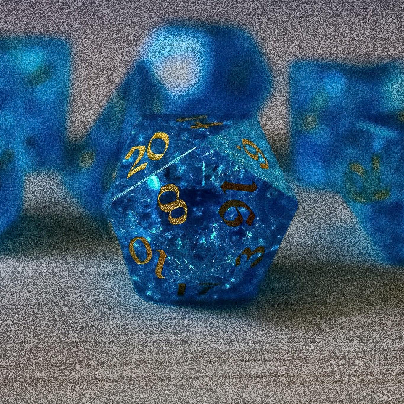 Blue Lightning Glass Cracked Glass DND Dice Set Runic Dice
