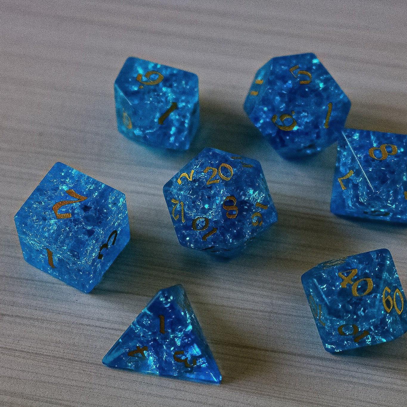 Blue Lightning Glass Cracked Glass DND Dice Set Runic Dice