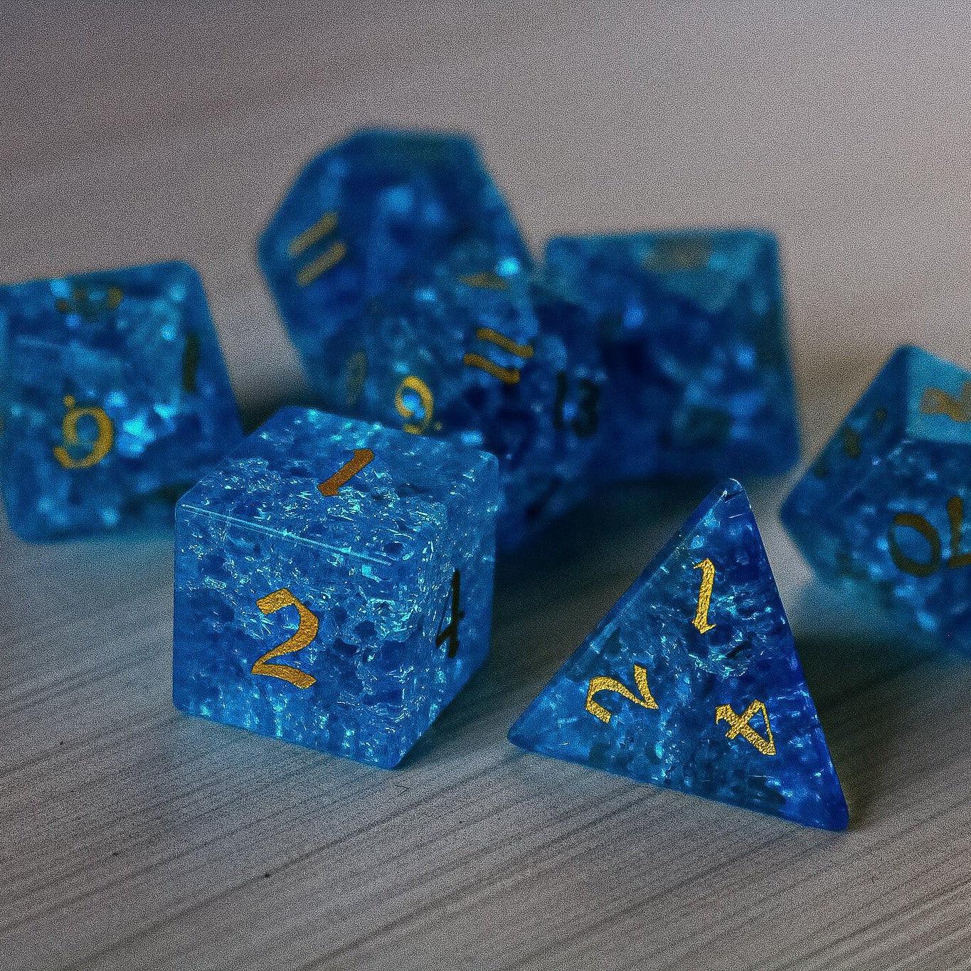 Blue Lightning Glass Cracked Glass DND Dice Set Runic Dice