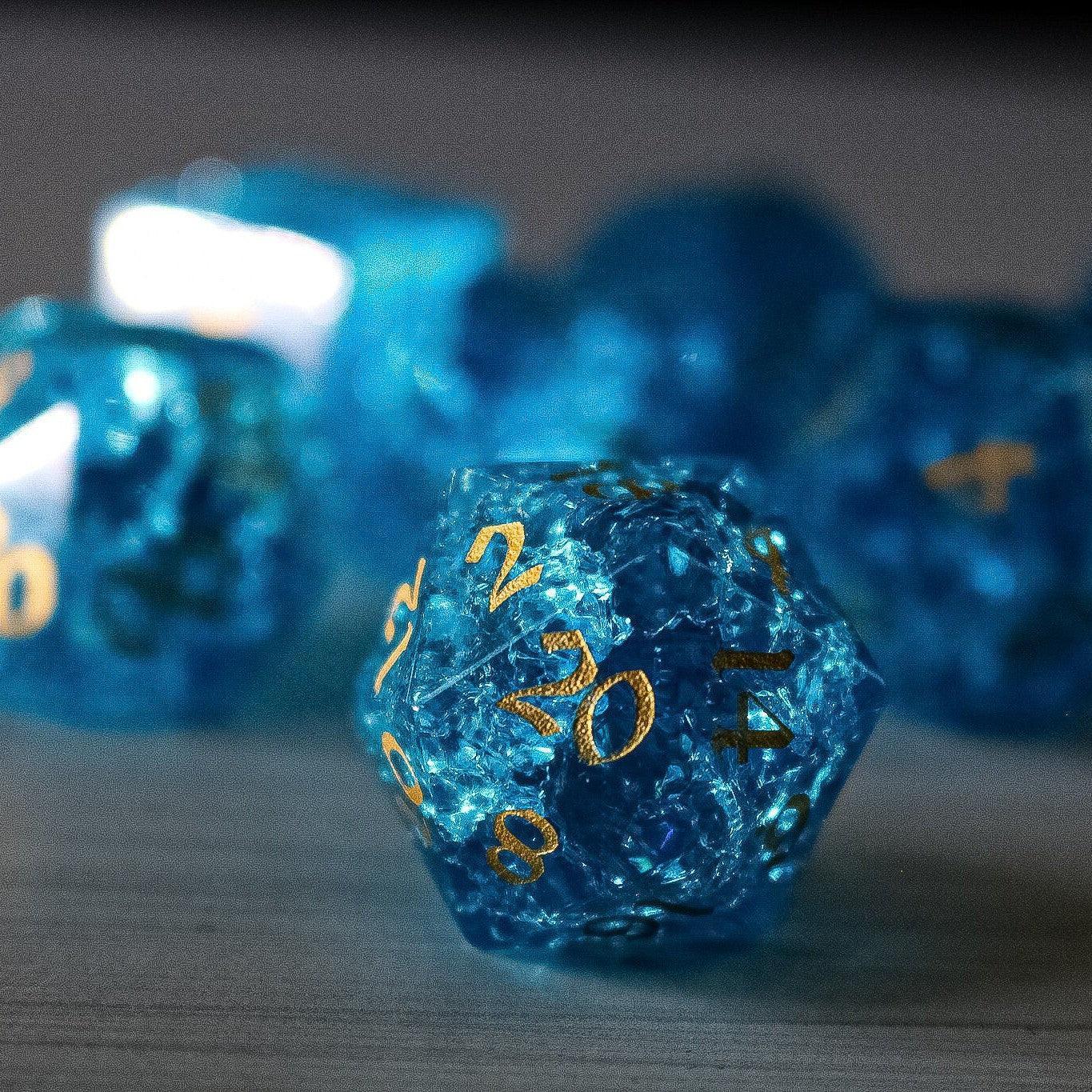 Blue Lightning Glass Cracked Glass DND Dice Set Runic Dice