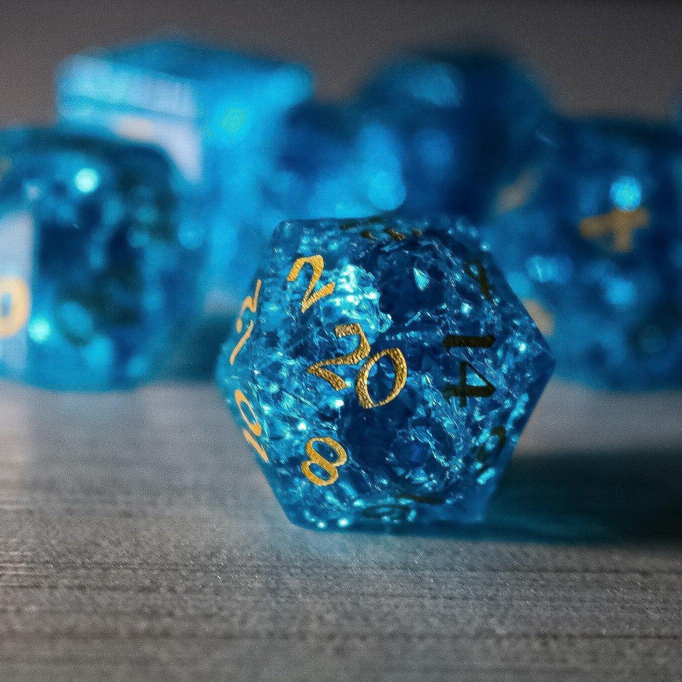 Blue Lightning Glass Cracked Glass DND Dice Set Runic Dice