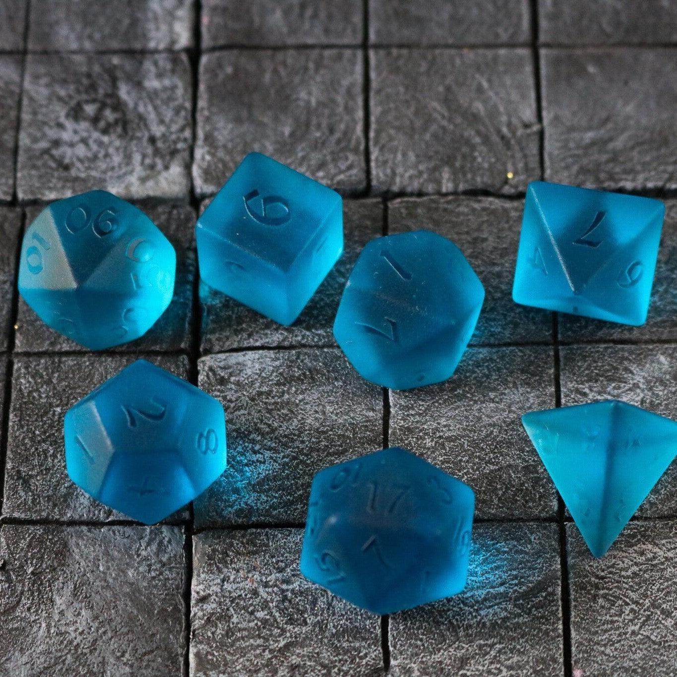Blue Zircon Hand Carved Glass DND Dice Set Runic Dice