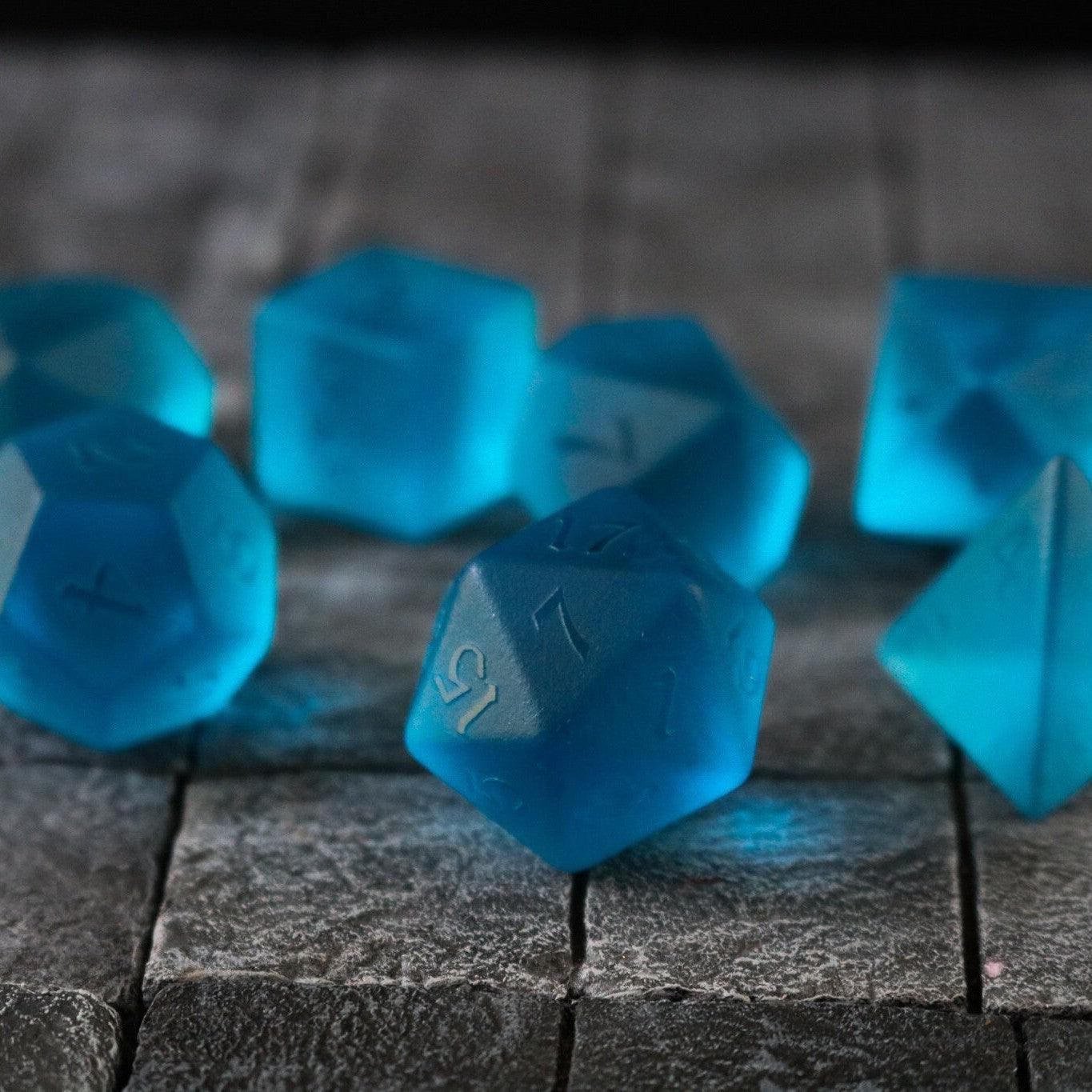 Blue Zircon Hand Carved Glass DND Dice Set Runic Dice