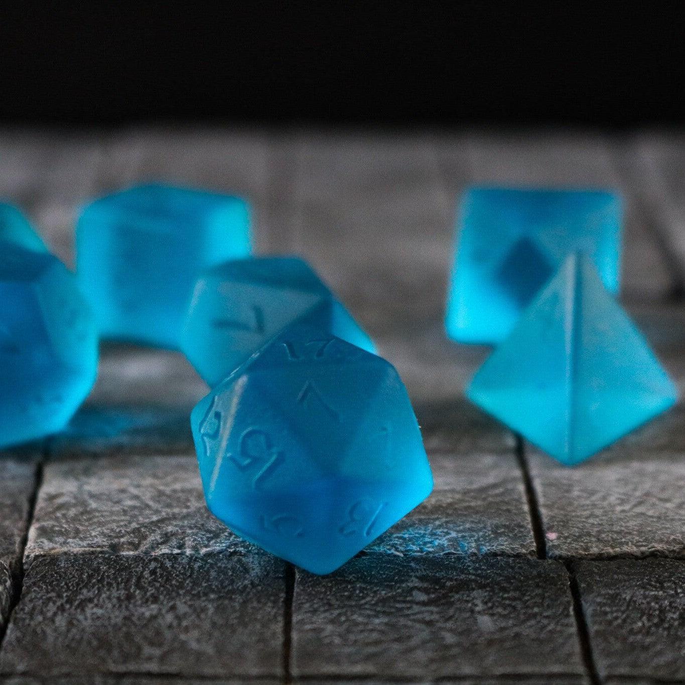 Blue Zircon Hand Carved Glass DND Dice Set Runic Dice