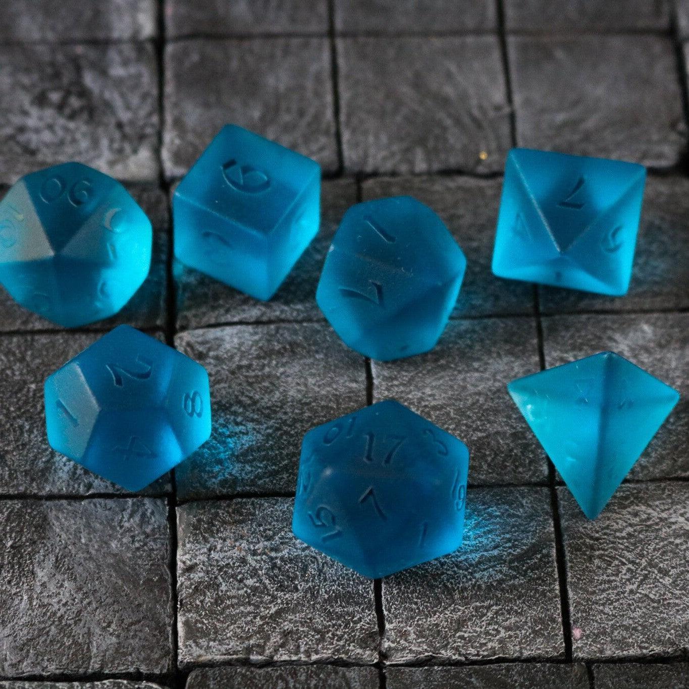 Blue Zircon Hand Carved Glass DND Dice Set Runic Dice