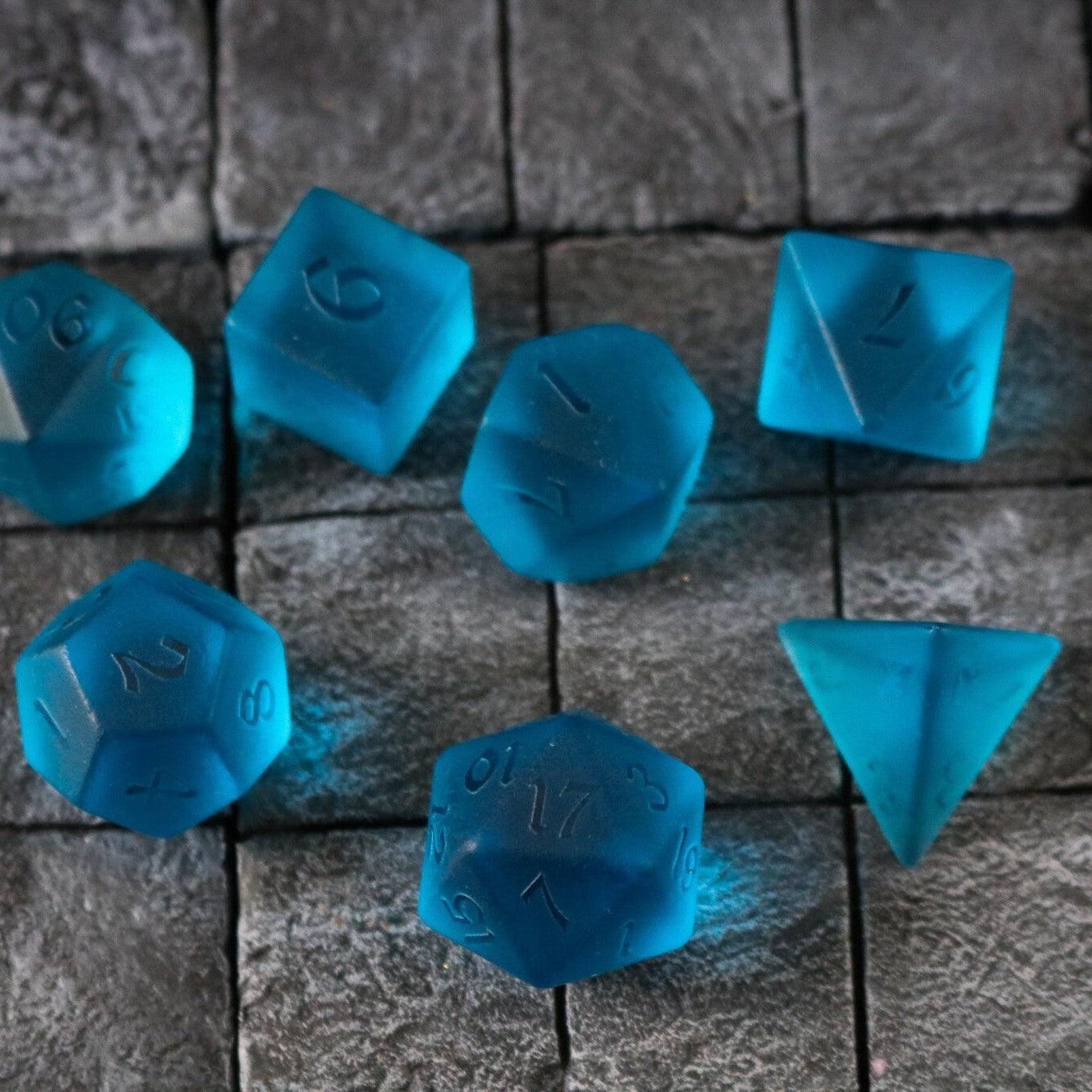 Blue Zircon Hand Carved Glass DND Dice Set Runic Dice