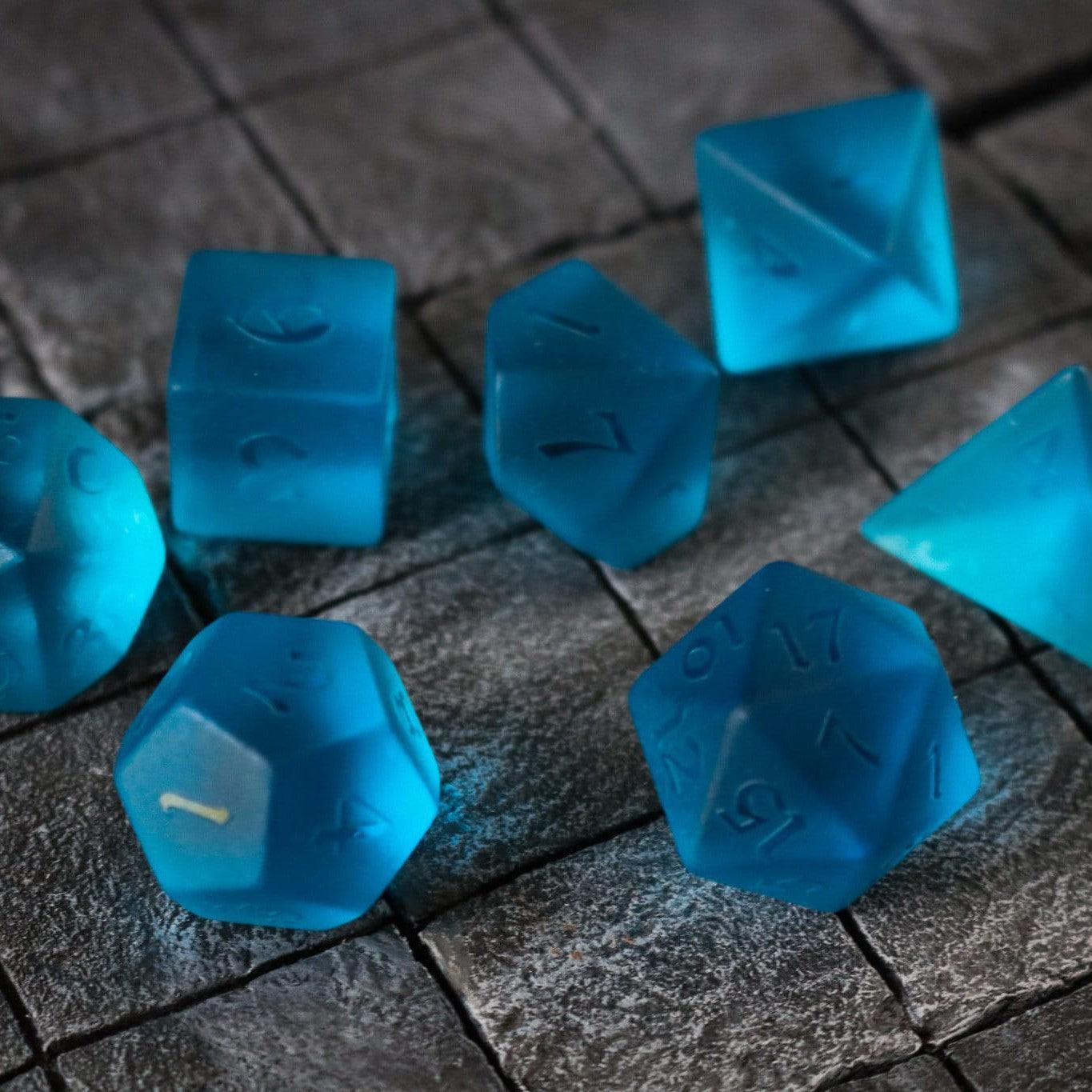 Blue Zircon Hand Carved Glass DND Dice Set Runic Dice