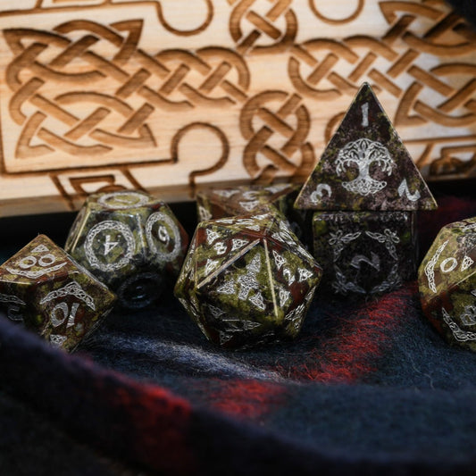 Celtic Dragon Blood Jasper Stone Dice Set – Dice Around the World Collection Misty Mountain Gaming