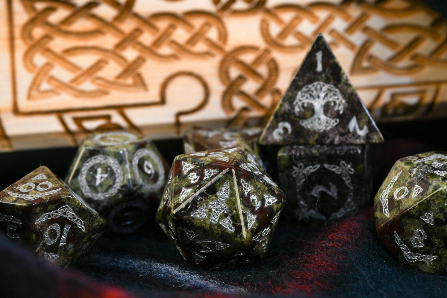 Celtic Dragon Blood Jasper Stone Dice Set – Dice Around the World Collection Misty Mountain Gaming