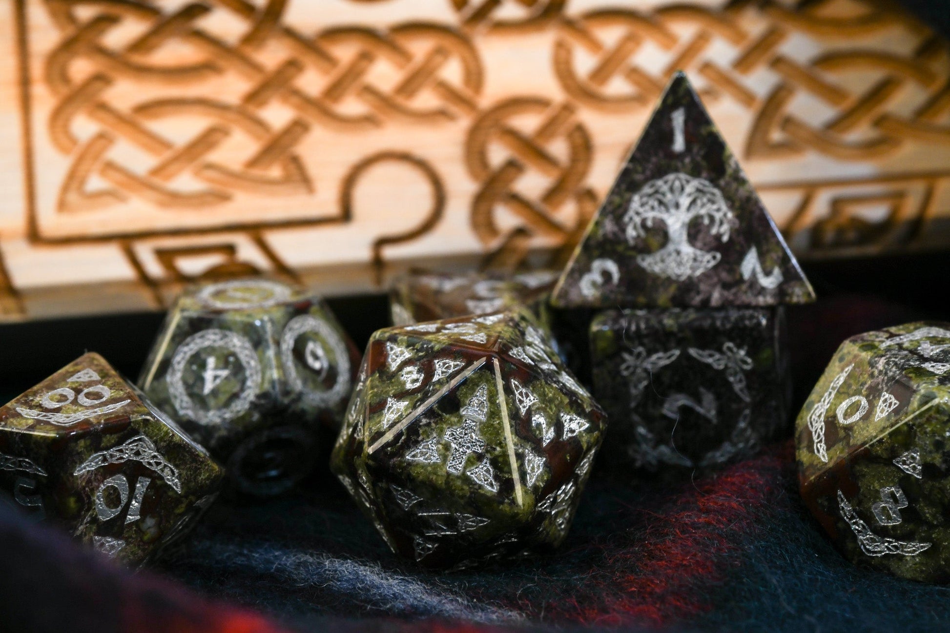 Celtic Dragon Blood Jasper Stone Dice Set – Dice Around the World Collection Misty Mountain Gaming