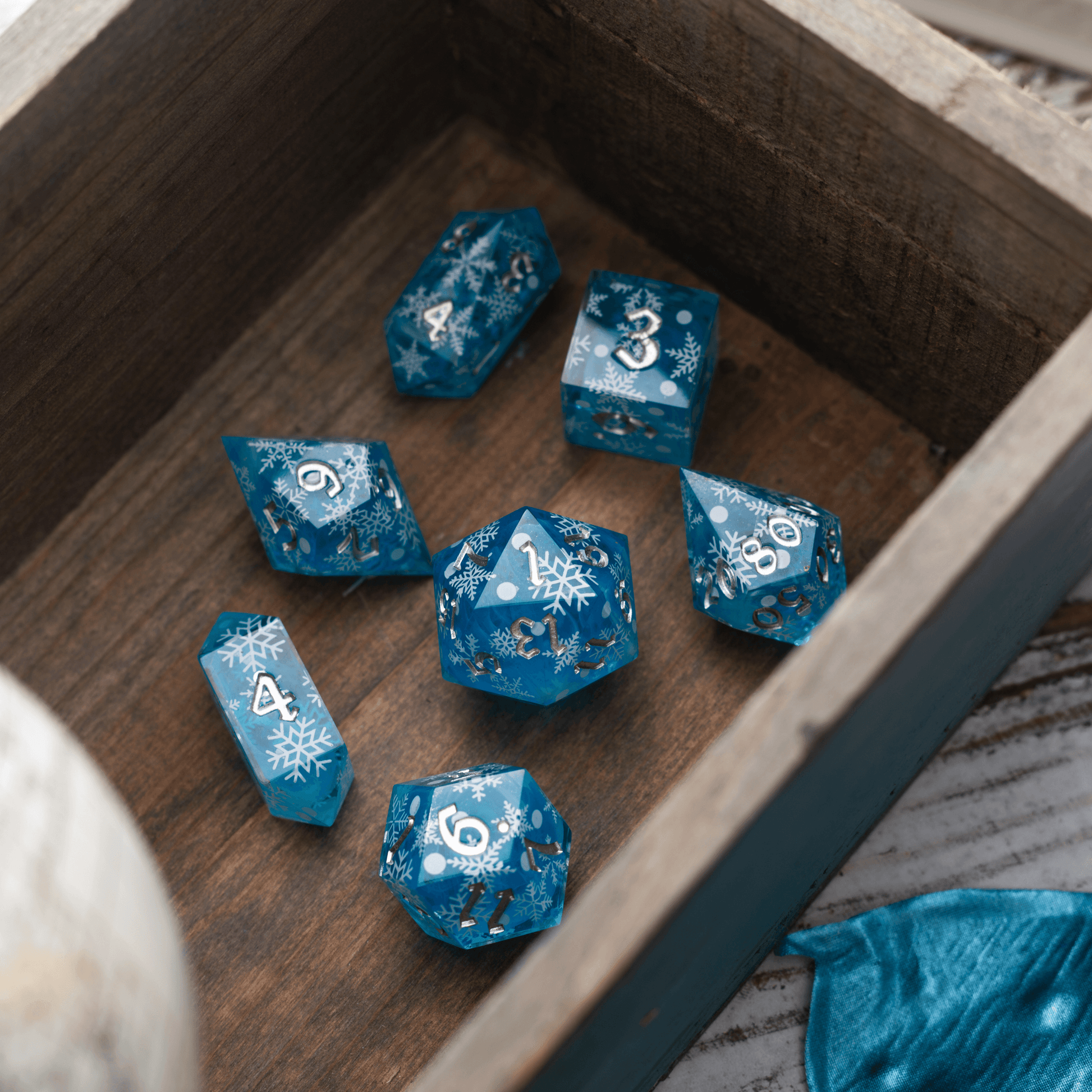 Christmas Blue Snowflake Handmade Resin DND Dice Set Runic Dice