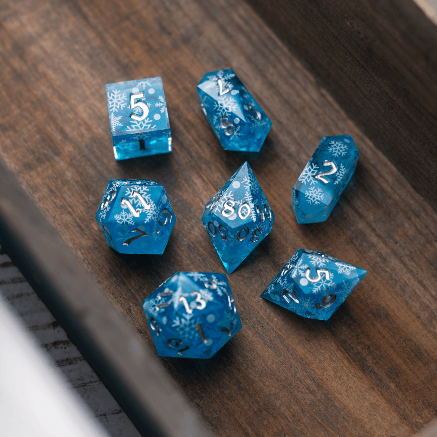 Christmas Blue Snowflake Handmade Resin DND Dice Set Runic Dice
