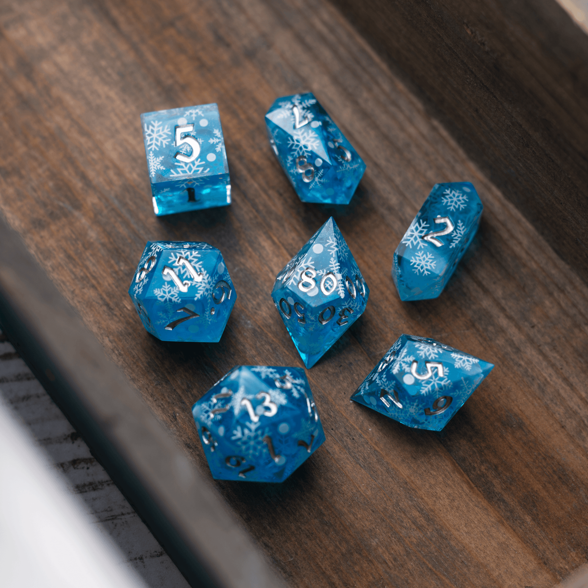 Christmas Blue Snowflake Handmade Resin DND Dice Set Runic Dice