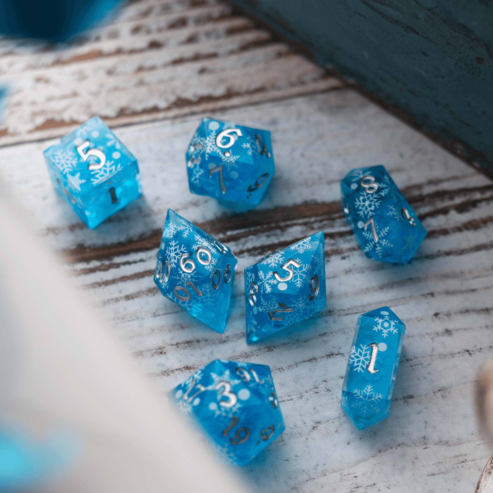 Christmas Blue Snowflake Handmade Resin DND Dice Set Runic Dice