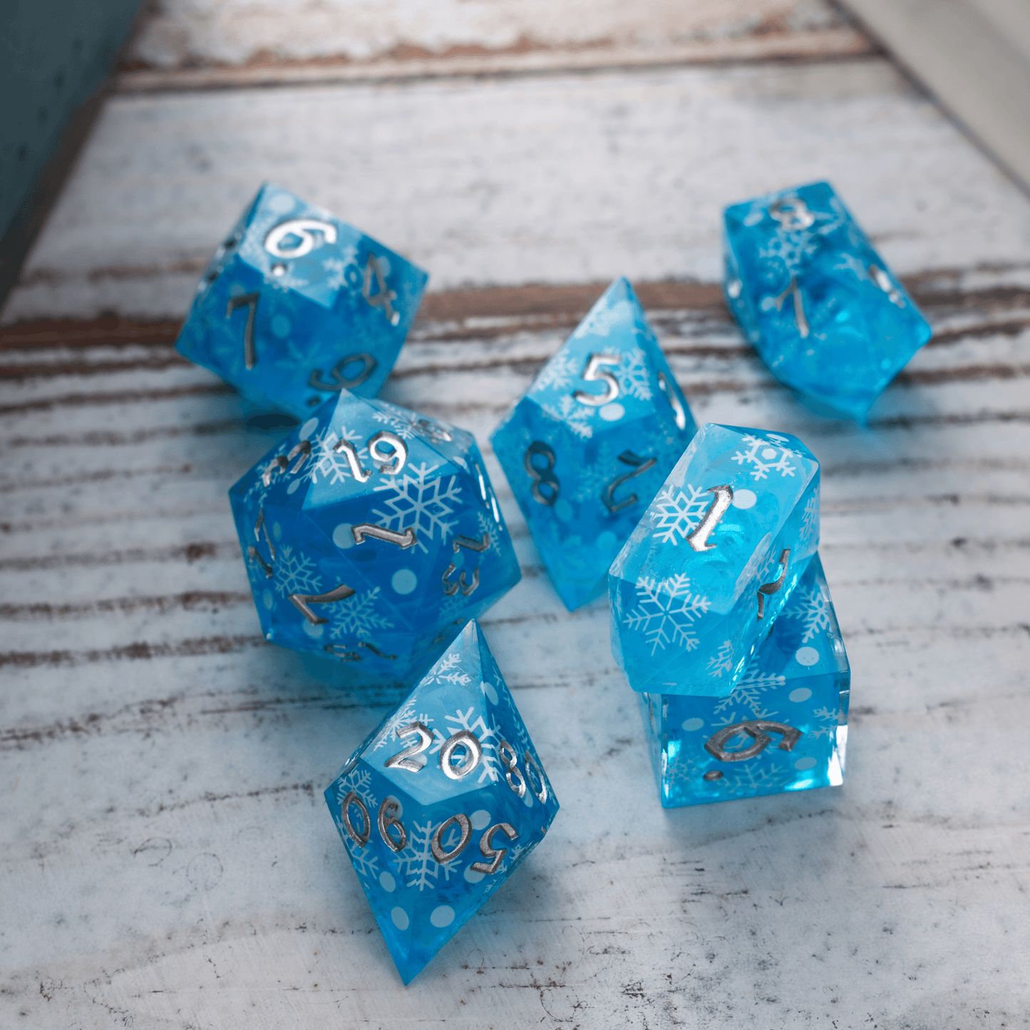 Christmas Blue Snowflake Handmade Resin DND Dice Set Runic Dice