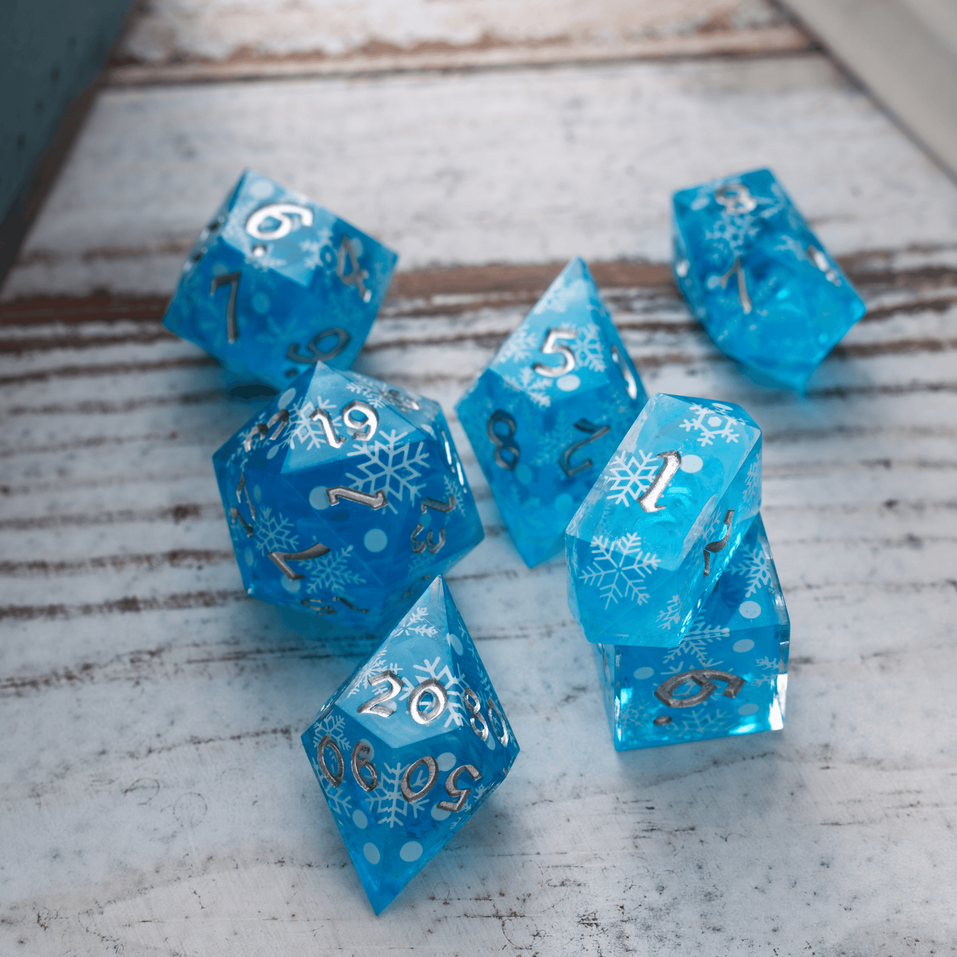 Christmas Blue Snowflake Handmade Resin DND Dice Set Runic Dice
