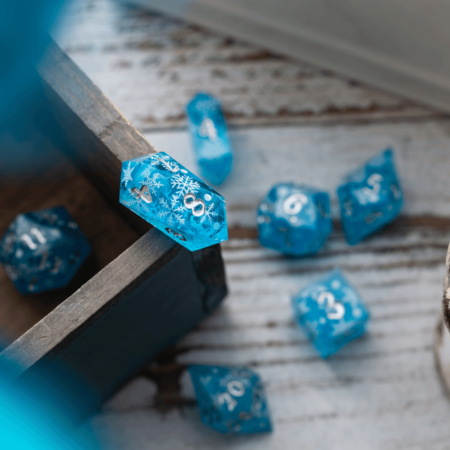 Christmas Blue Snowflake Handmade Resin DND Dice Set Runic Dice