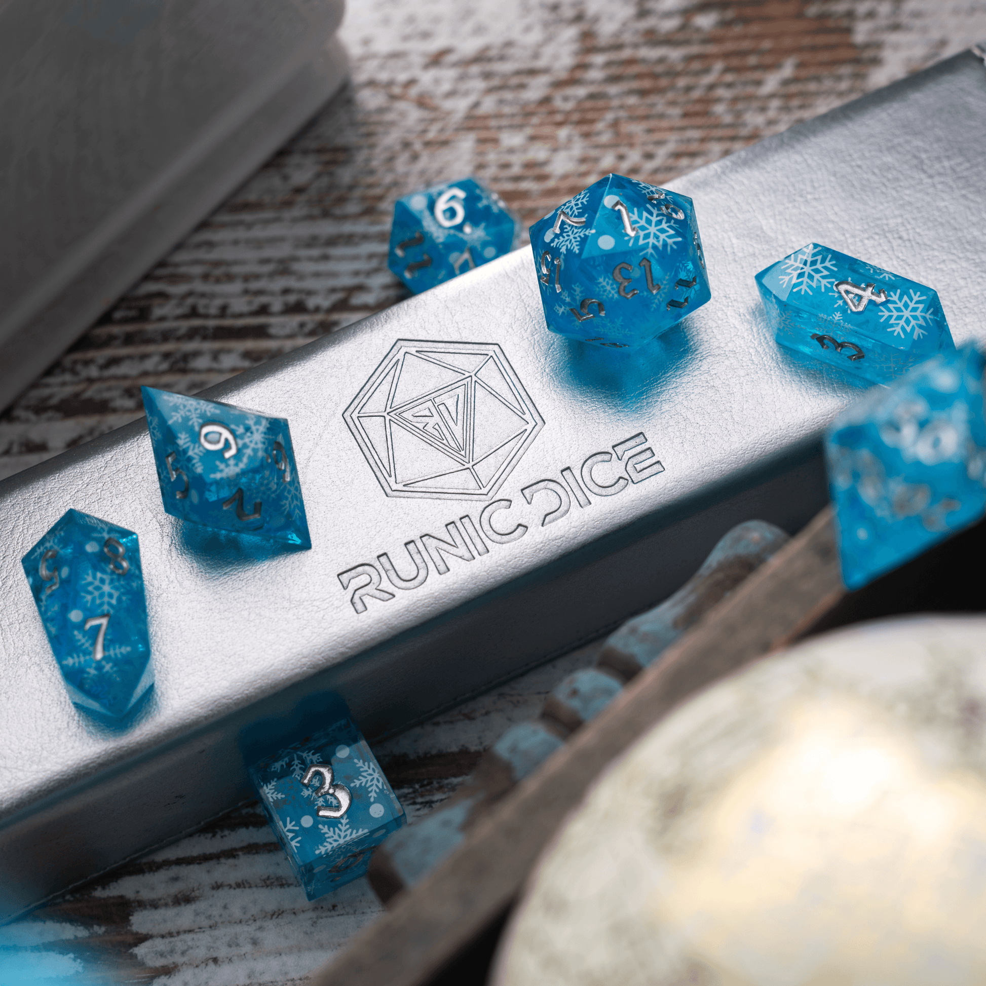 Christmas Blue Snowflake Handmade Resin DND Dice Set Runic Dice