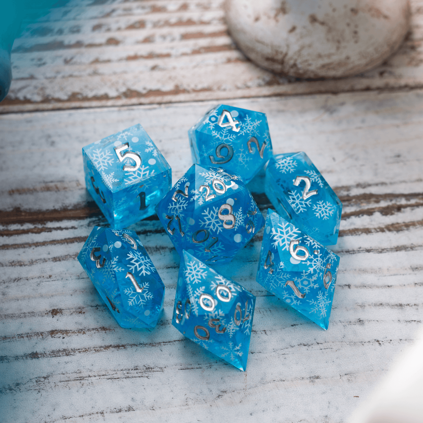 Christmas Blue Snowflake Handmade Resin DND Dice Set Runic Dice