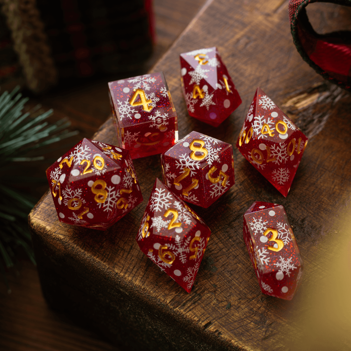 Christmas Red Snowflake Handmade Resin DND Dice Set Runic Dice