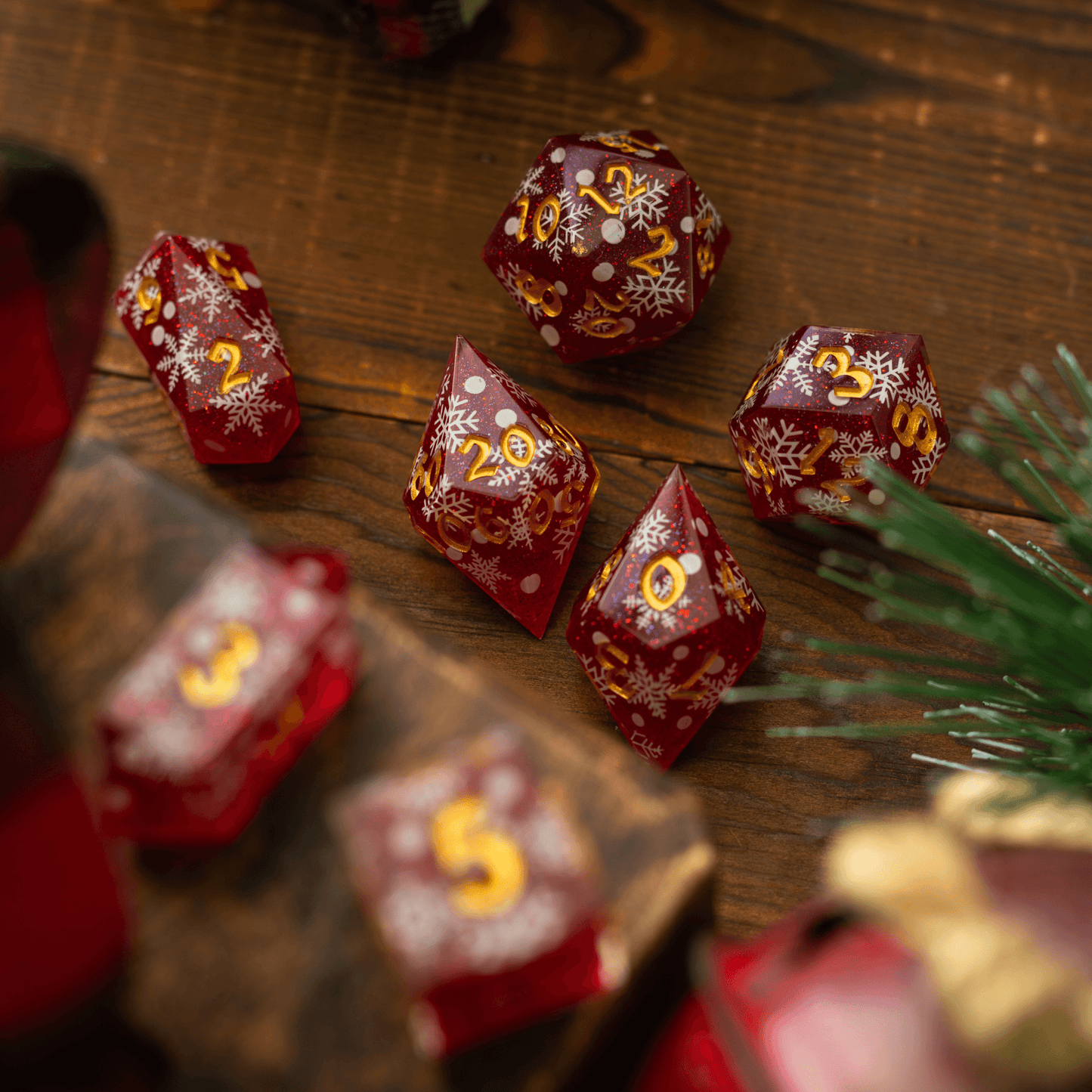 Christmas Red Snowflake Handmade Resin DND Dice Set Runic Dice