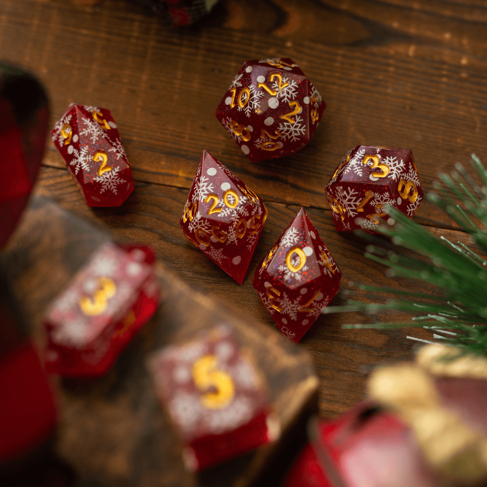 Christmas Red Snowflake Handmade Resin DND Dice Set Runic Dice