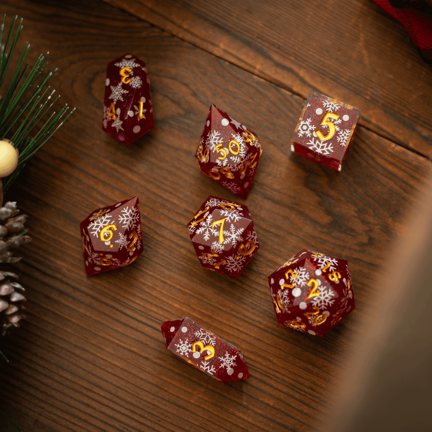 Christmas Red Snowflake Handmade Resin DND Dice Set Runic Dice